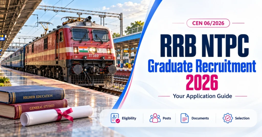 RRB NTPC Graduate Recruitment 2026 application guide with railway station and blue-pink topic text
